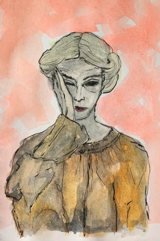 KIRA, aquarela e marcador sobre papel: figura feminina com a mão no rosto