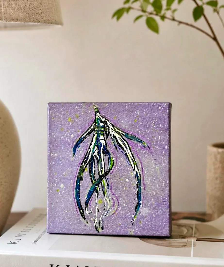 NEO, pintura em tela lilás com formas orgânicas em azul, branco e verde