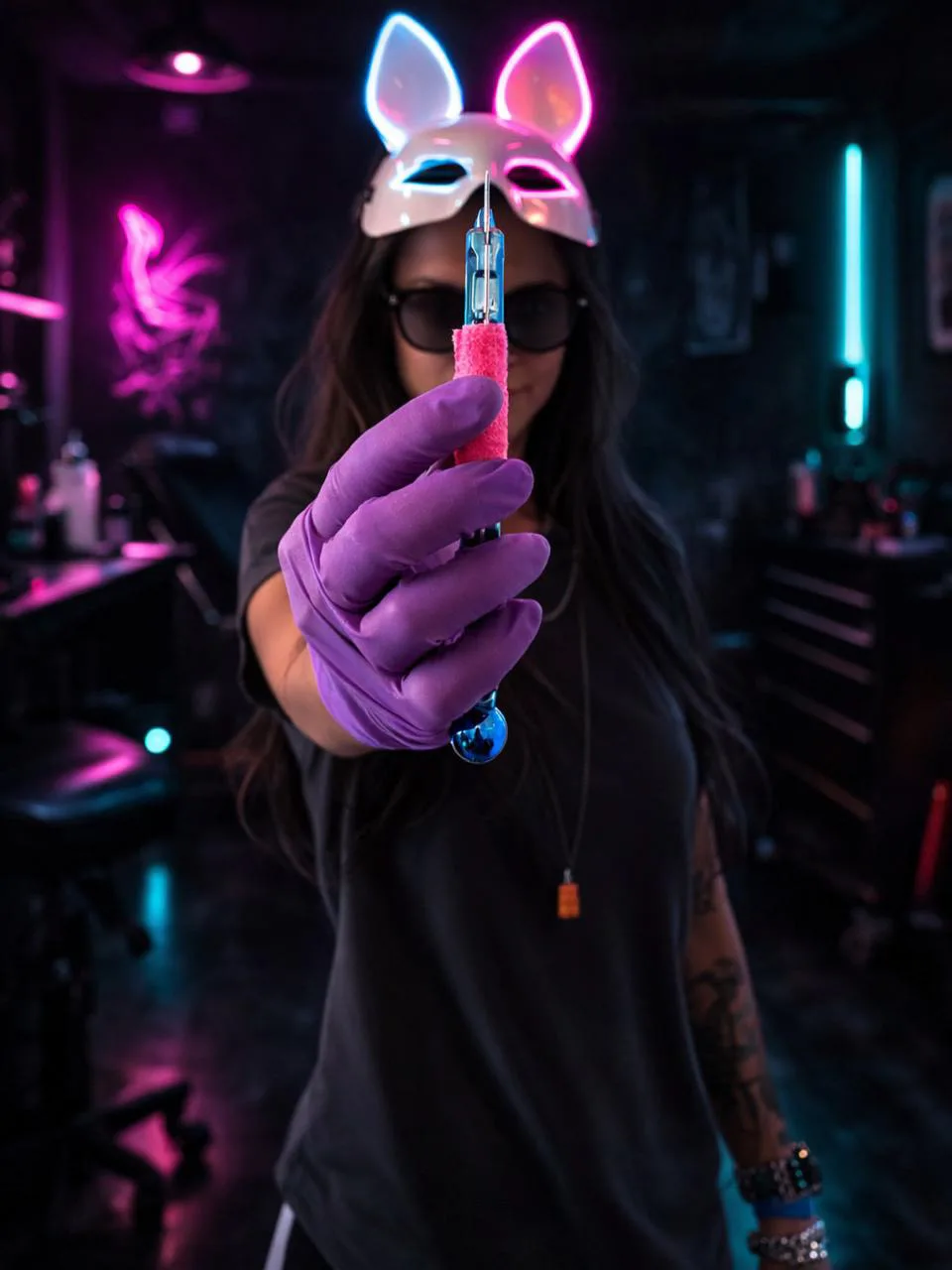 Dani Coelho com máscara de coelho, segurando uma máquina de tatuagem num estúdio com luz neon
